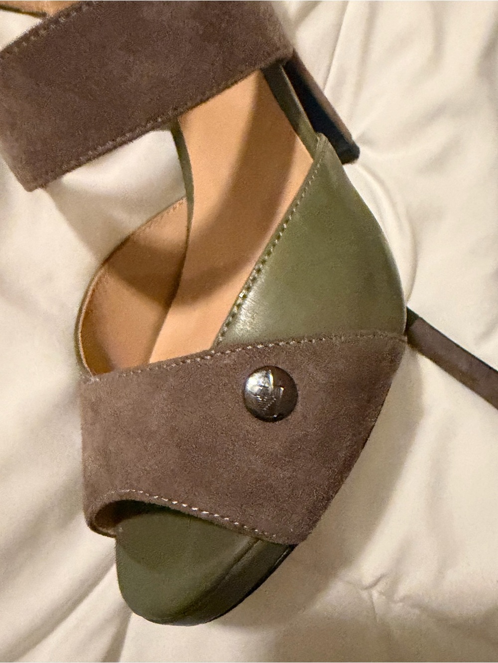 Armani jeans Olive Leather and Taupe Suede Platform Heel Sandal